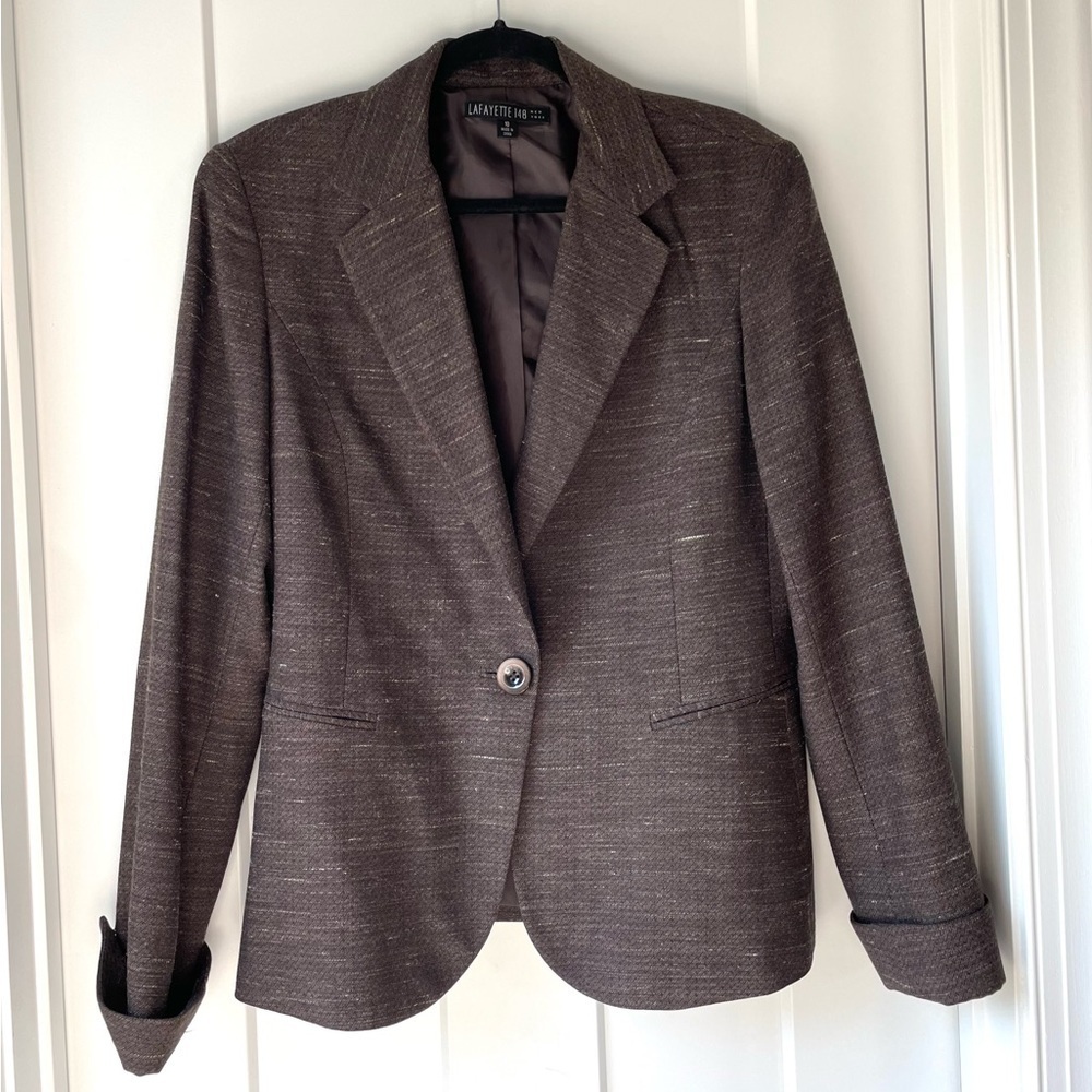 Lafayette 148 Dark Chocolate Wool Blend Minimalist Tailored Blazer - Picture 3 of 12